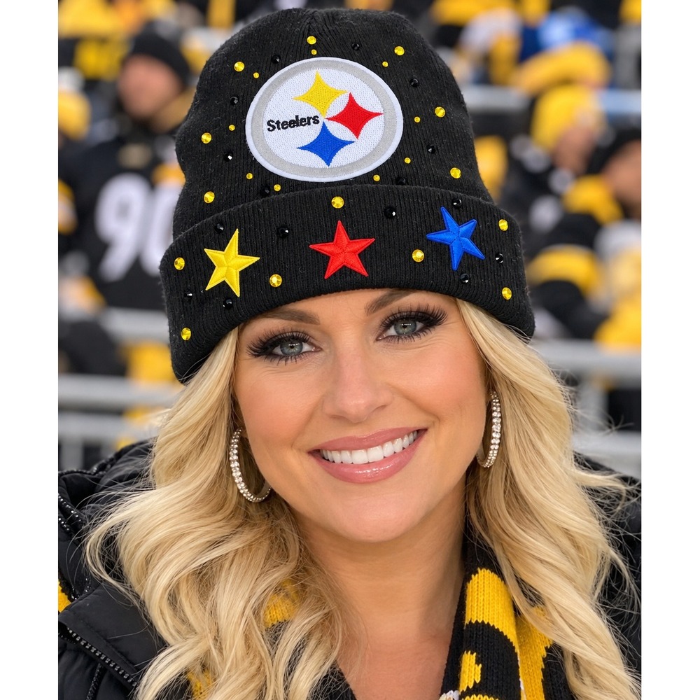 Pittsburgh Steelers Rhinestone Beanie Knit Hat Black Cuffed Star Embellished NFL